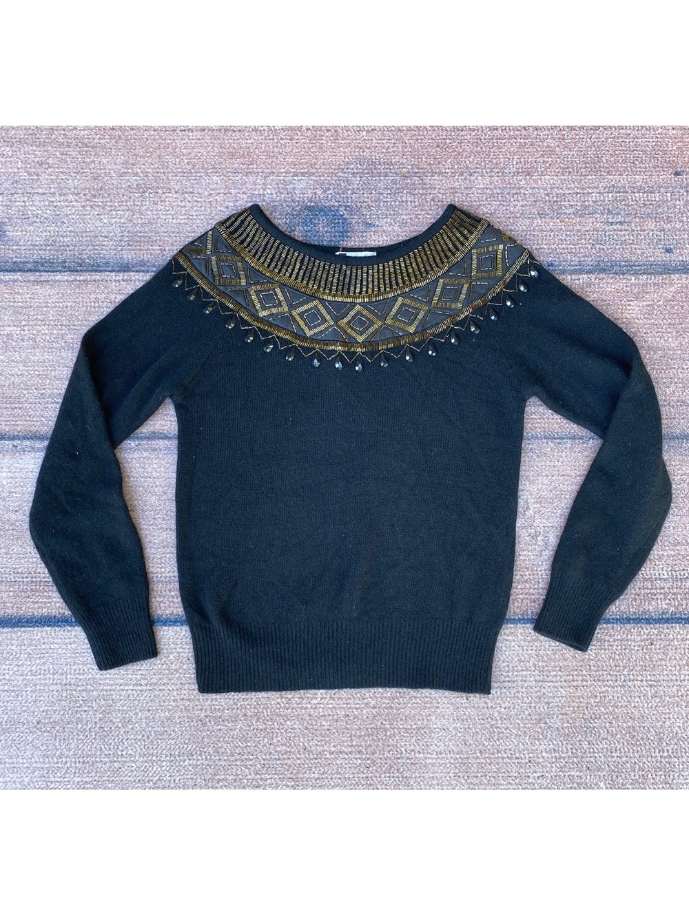 SK & Company beaded embellished lambswool angora vintage sweater black M whimsy